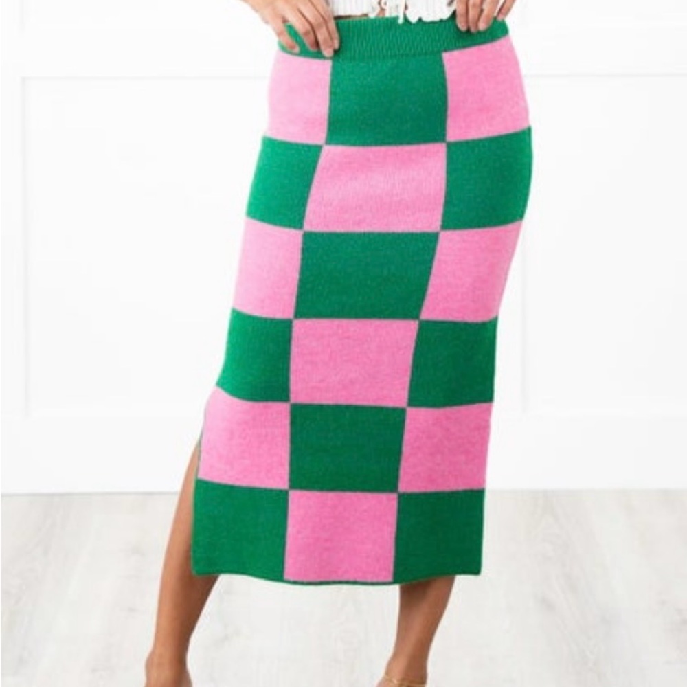 Vibrant Pink and Green Checkered Pencil Skirt